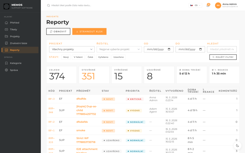 Reporty s exportem do Excelu